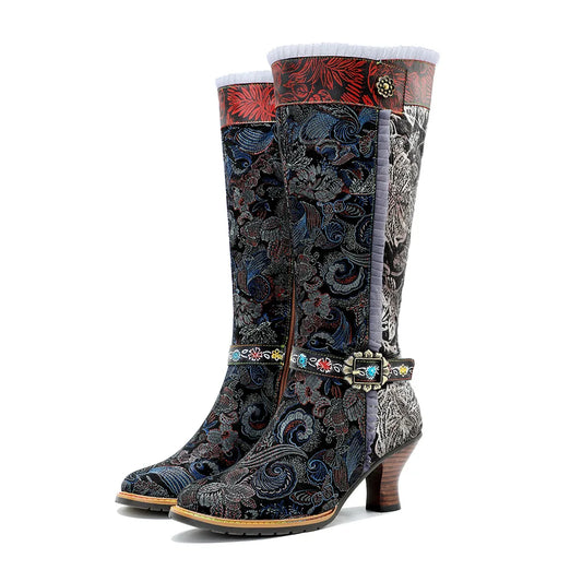 Johnature 2025 Winter New Hand Painted Genuine Leather Patchwork Vintage Court Style Lace Trimmed High Heeled Long Boots