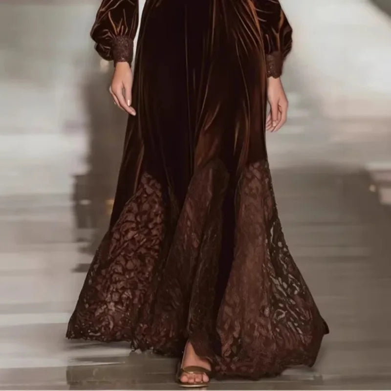 High-Neck Lace Maxi Dress with Long Sleeves