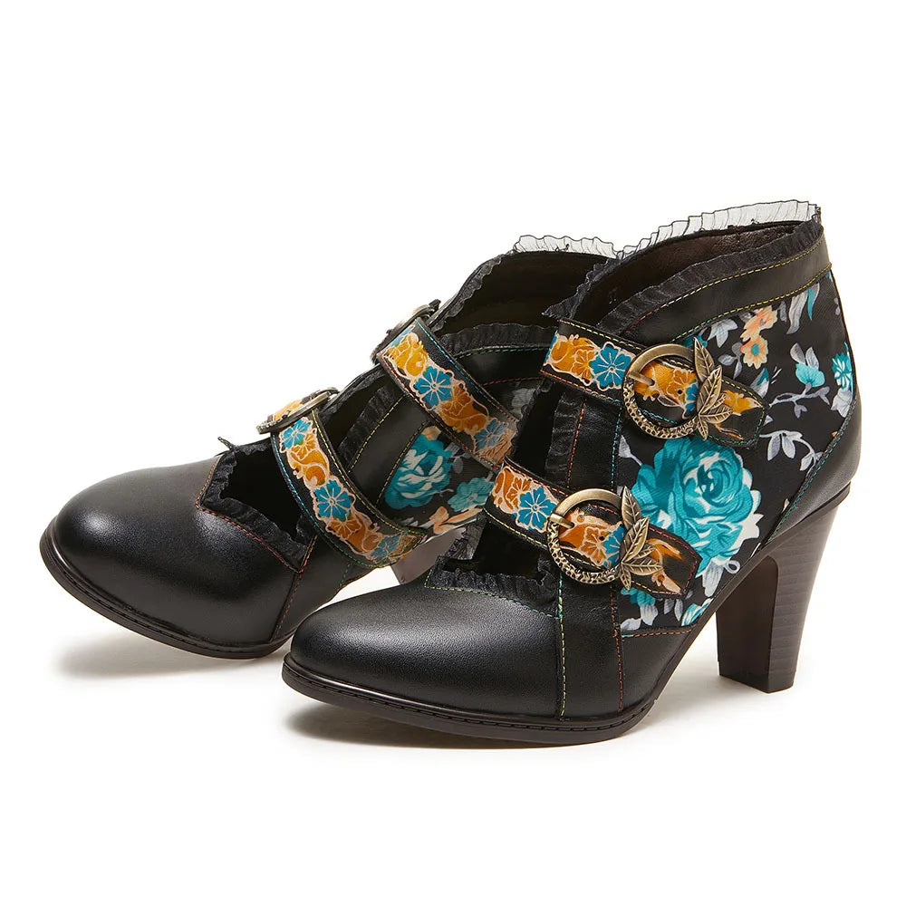 Johnature Genuine Leather Turquoise Floral Ankle Boots, High Heel Retro Print
