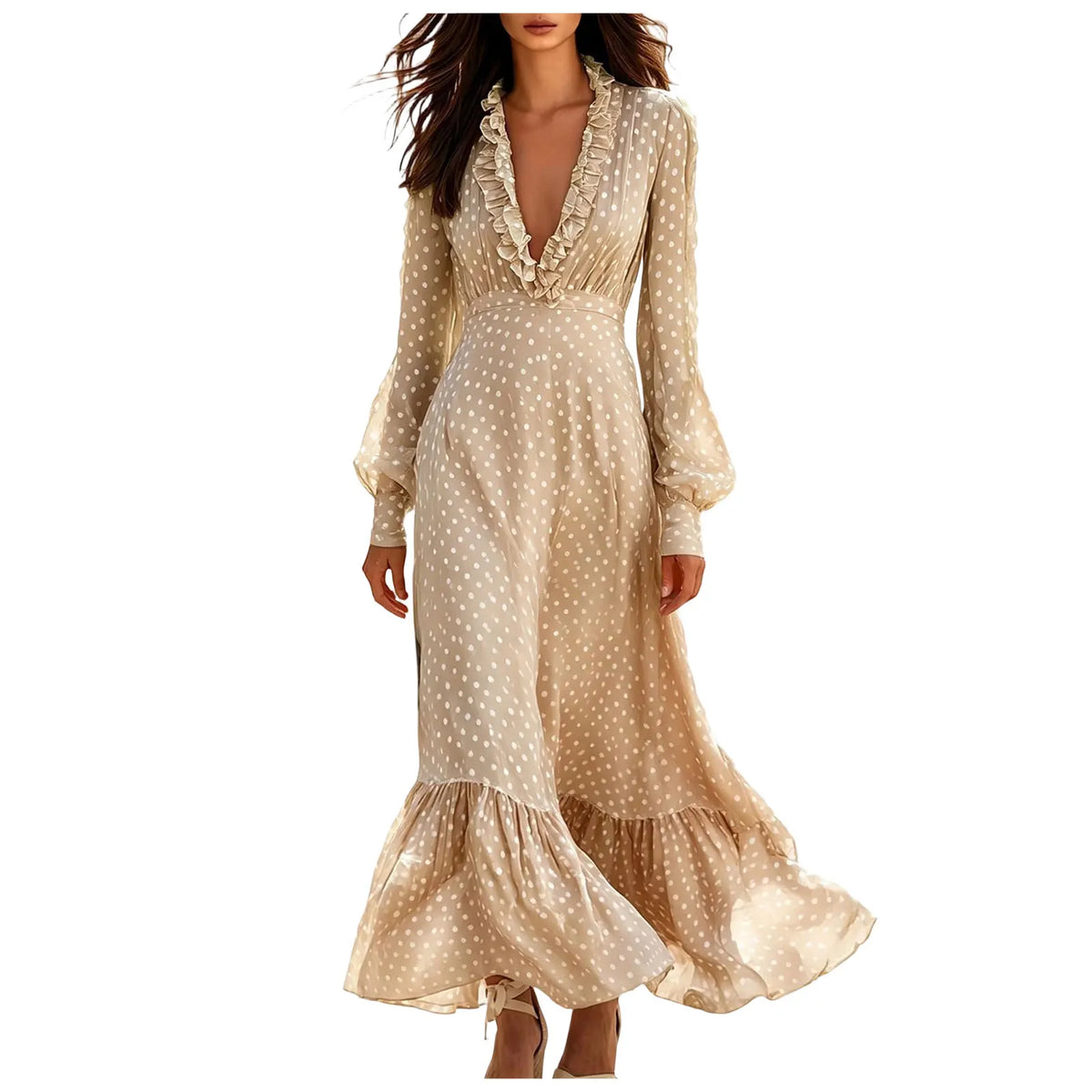 Polka-Dot Ruffle Maxi Dress with Puff Sleeves