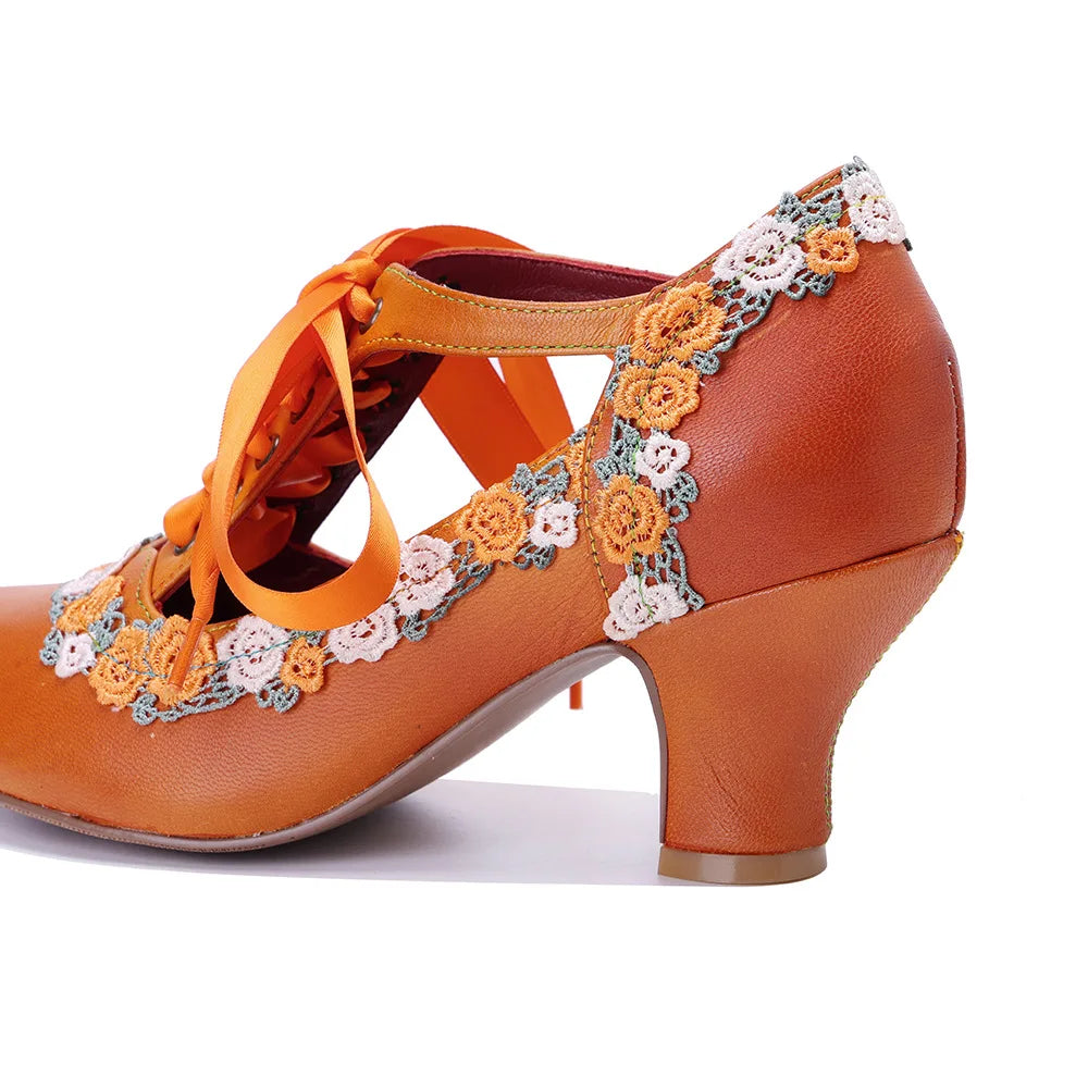 Johnature 2025 Spring/Summer New Handmade Women's Orange Pumps