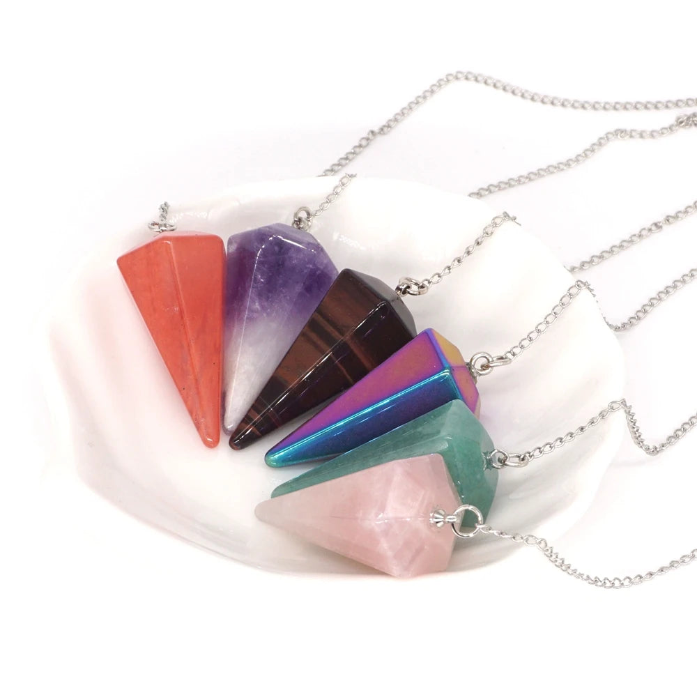 Pyramid Pendulum Natural Gemstone Chain Chakra Amulet Pendant Jewelry Reiki Healing Crystal Witchcraft Supplies Decor Ornaments