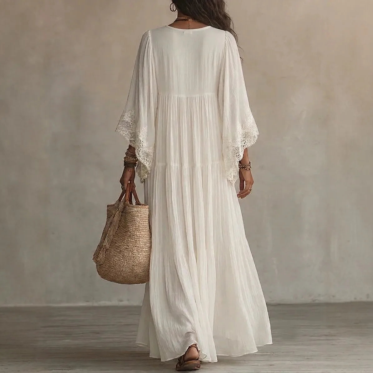 White Lace V-neck Long Dress, Bat Sleeve Vacation Beach Dress, Fairy Pleated and Elegant Seaside Lazy Dress Vestidos Y2K