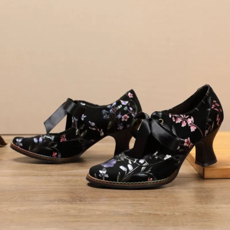 Johnature Women Shoes Pumps Retro 2025 New Spring Round Toe Handmade Ladies Lace Up Sweet Print High Heels Shoes