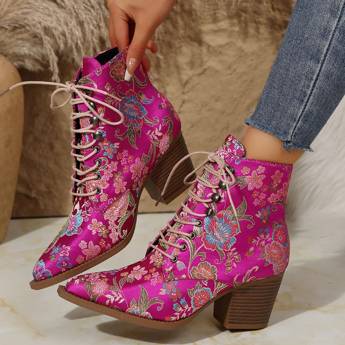 Ethnic Embroidered Pointed-Toe Ankle Boots