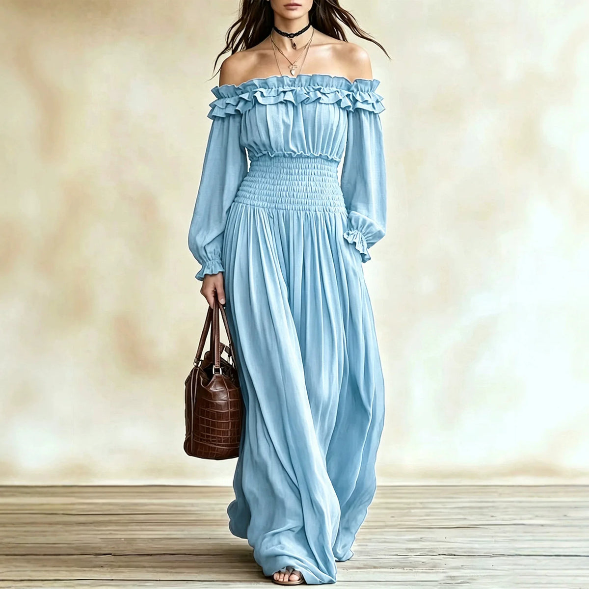 Off-Shoulder Ruffle Maxi Dress with Lantern Sleeves