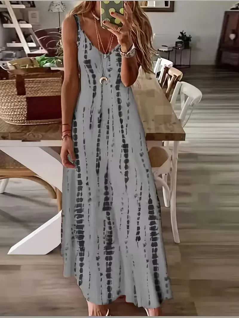 Boho Tie-Dye Maxi Dress – V-Neck Spaghetti Strap A-Line Summer Dress – 6 Colors