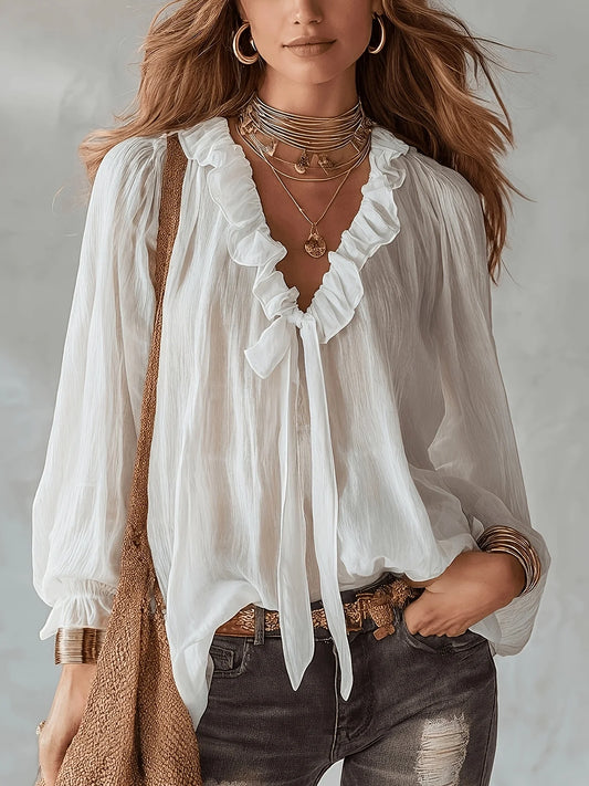 White Ruffle Tie-Front Blouse with Puff Sleeves
