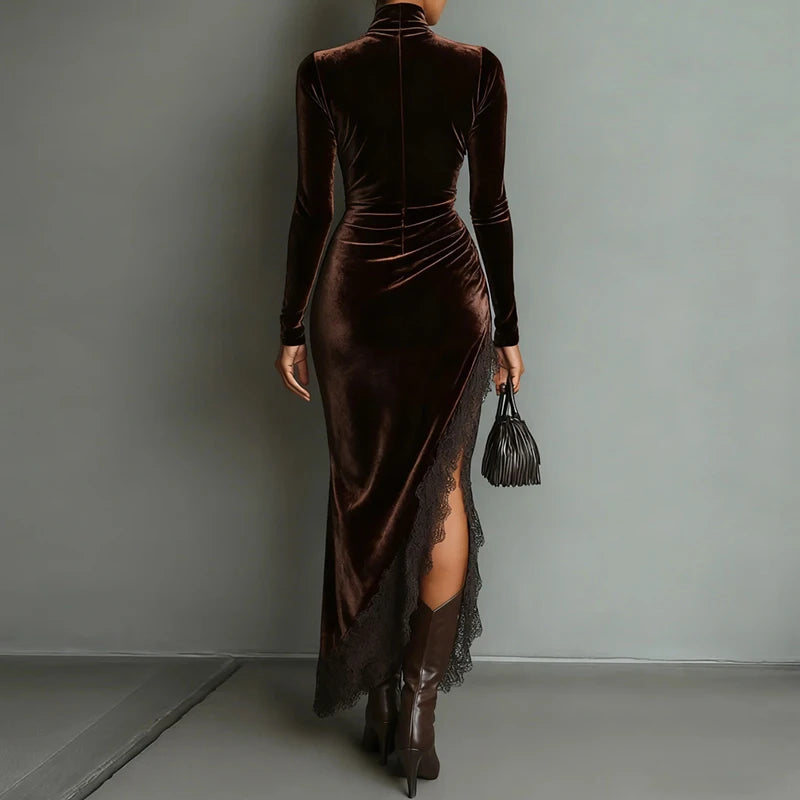 Velvet Long-Sleeve Maxi Dress with Lace Slit
