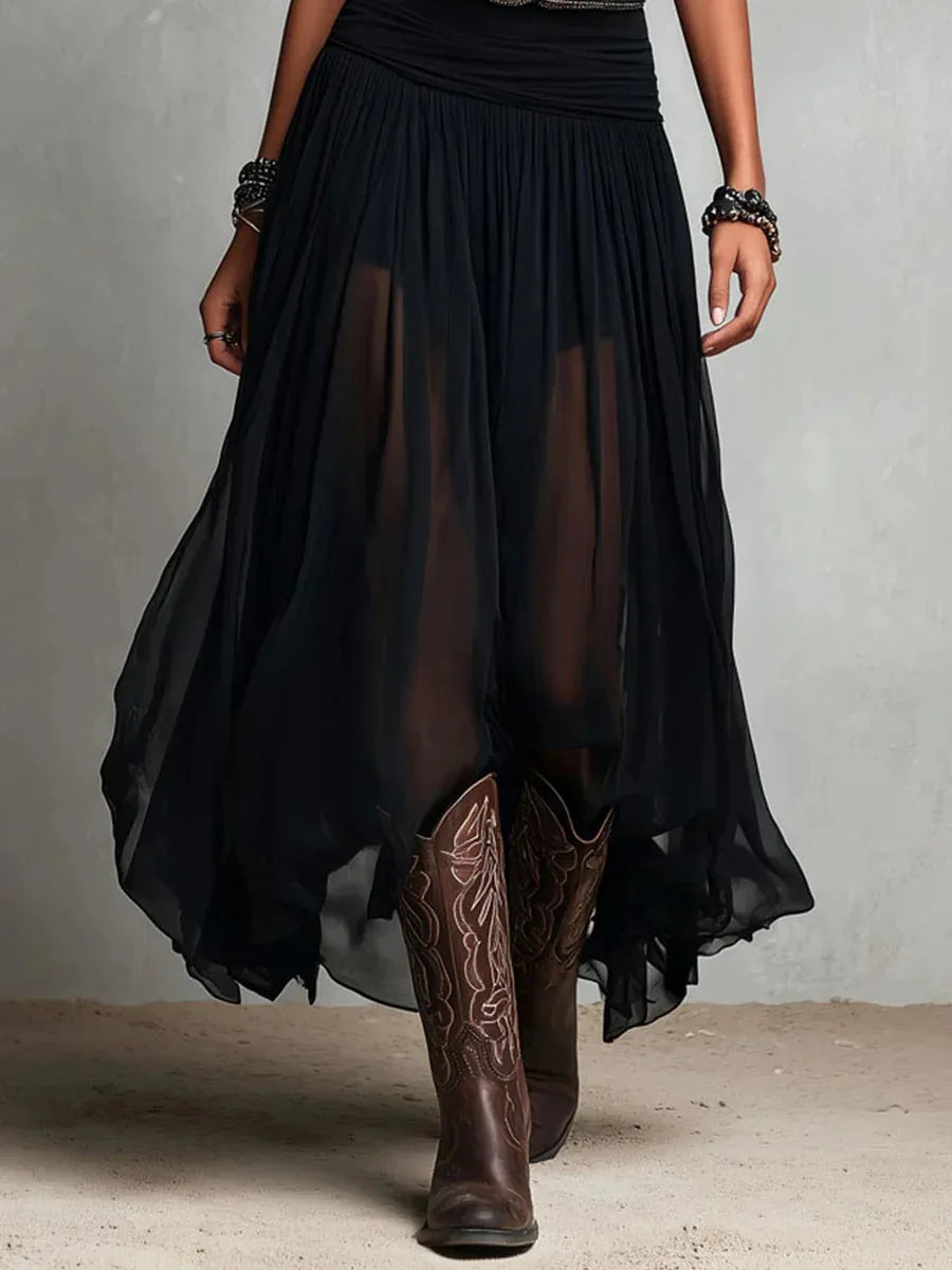 Black Sleeveless Maxi Dress with Sheer Mesh Skirt