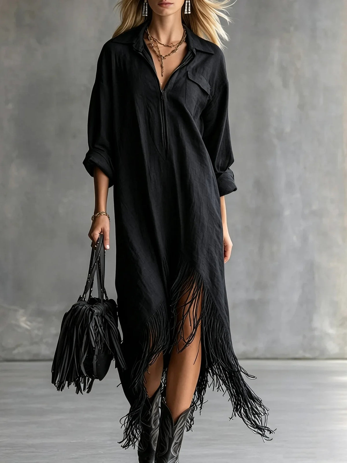 Fringe-Hem Half-Zip Shirt Dress