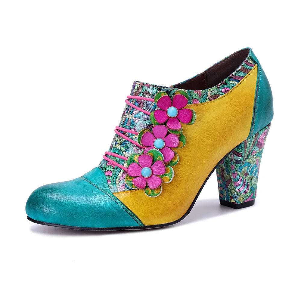 Johnature 2025 Autumn/Winter New Retro Printed High Heels Genuine Leather Pumps