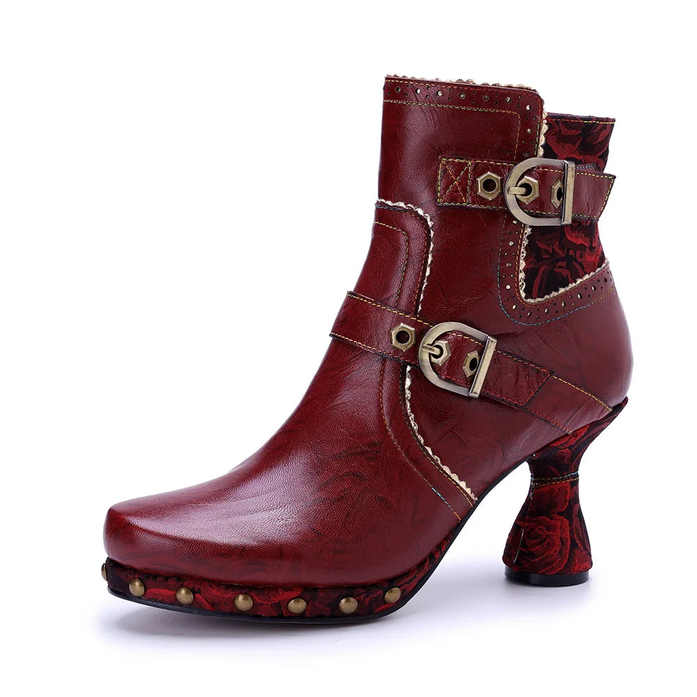 Johnature 2025 Autumn Winter Fashion Red High Heels, Handmade Genuine Leather