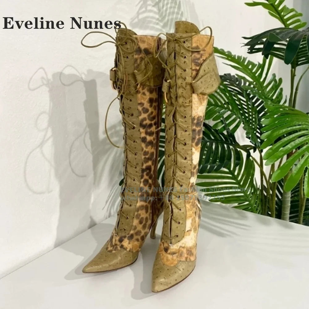 Leopard Patchwork Lace-Up Knee-High Boots – Pointed Toe & 2-Inch Thin Heel