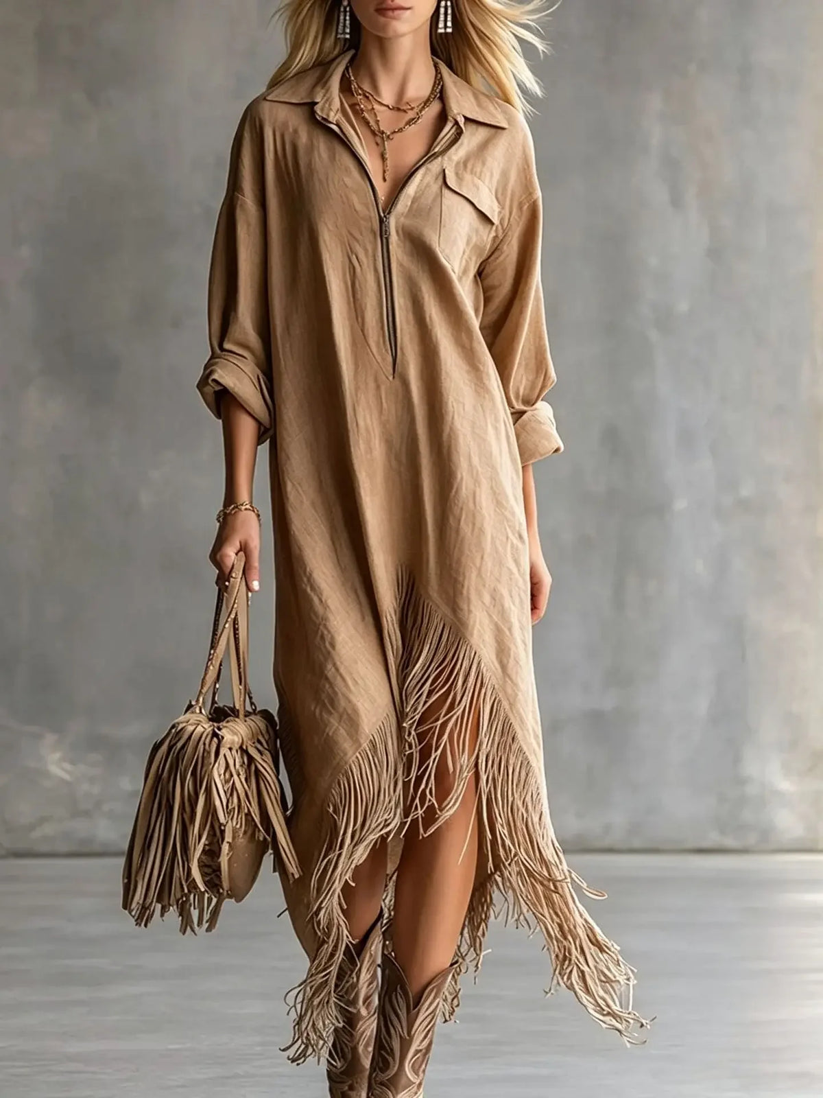 Fringe-Hem Half-Zip Shirt Dress