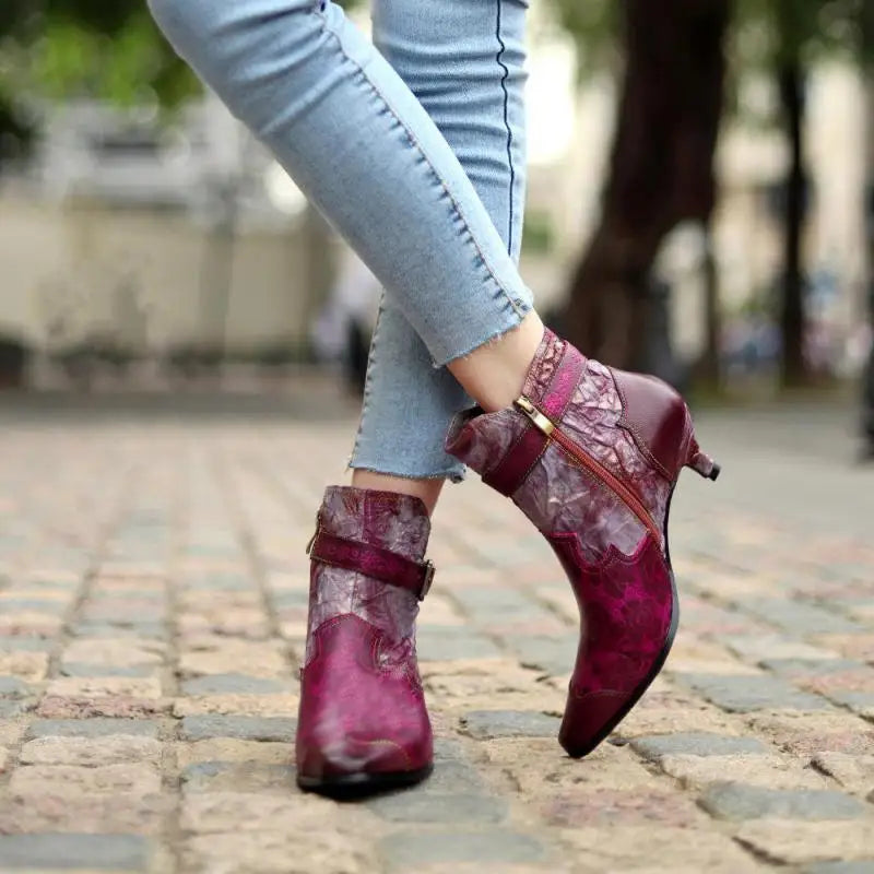 Johnature Genuine Leather Boots, Cloth Pointed Toe Zip 2025 New Handmade