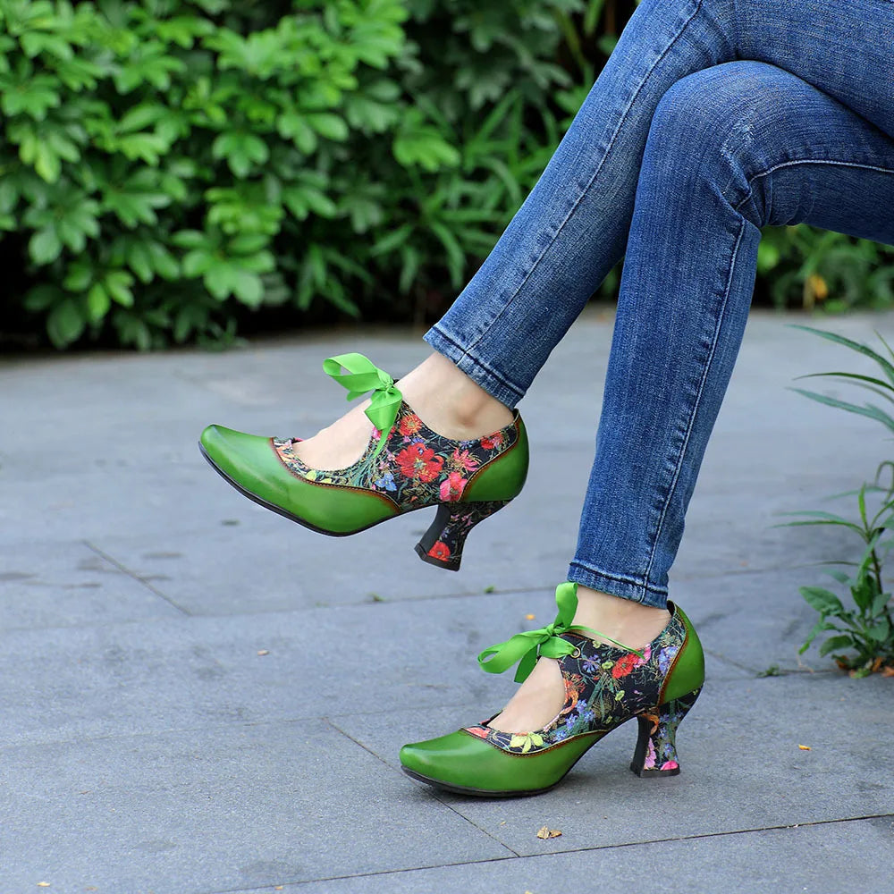 New Ethnic Green Printed High Heels, Genuine Leather Pointed Toe Lace Tie Women's Pumps