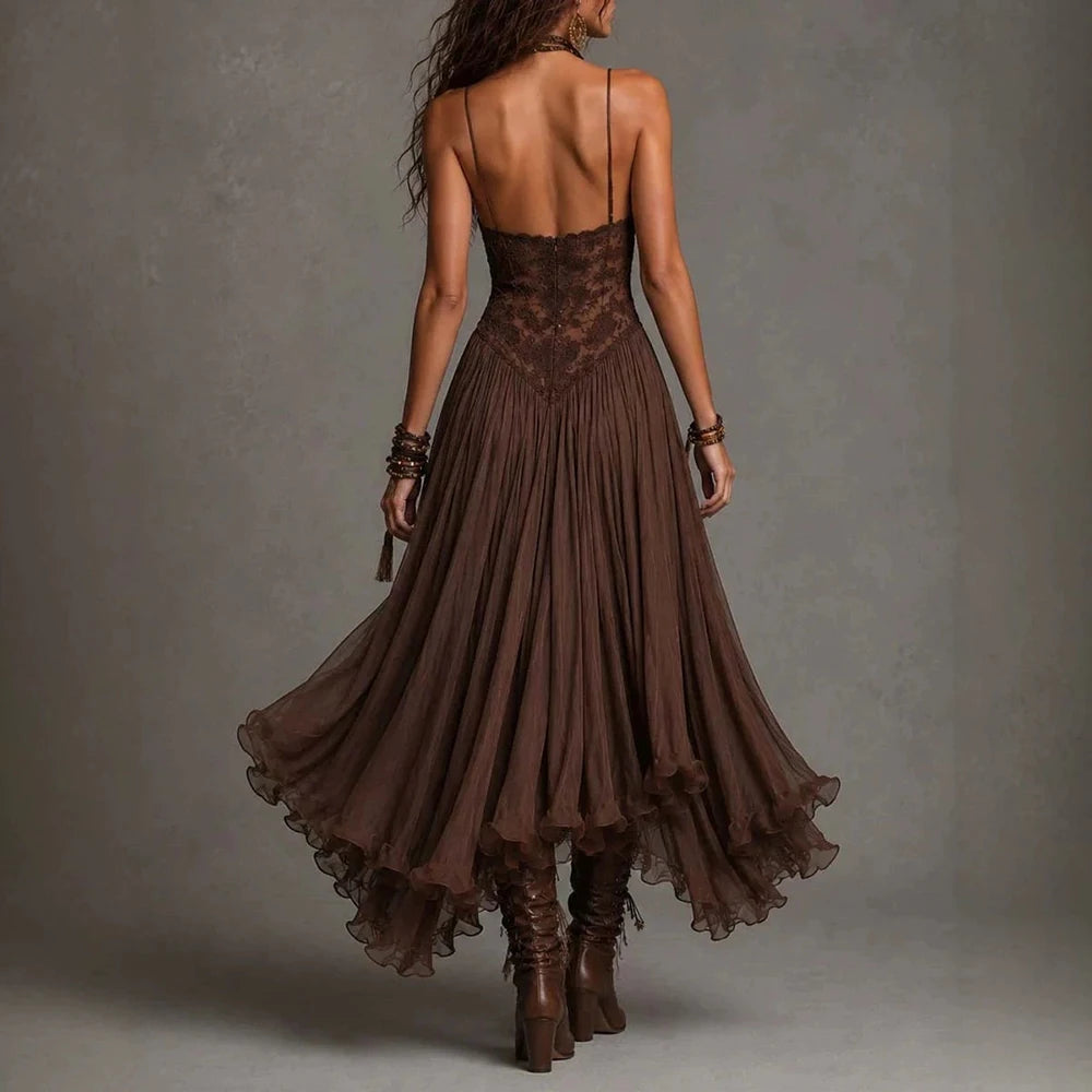 Women‘s Spaghetti Strap Lace Midi Boho Dress