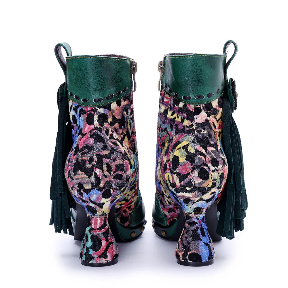 Johnature Handmade Genuine Green Leather Patchwork Printed Women's Boots