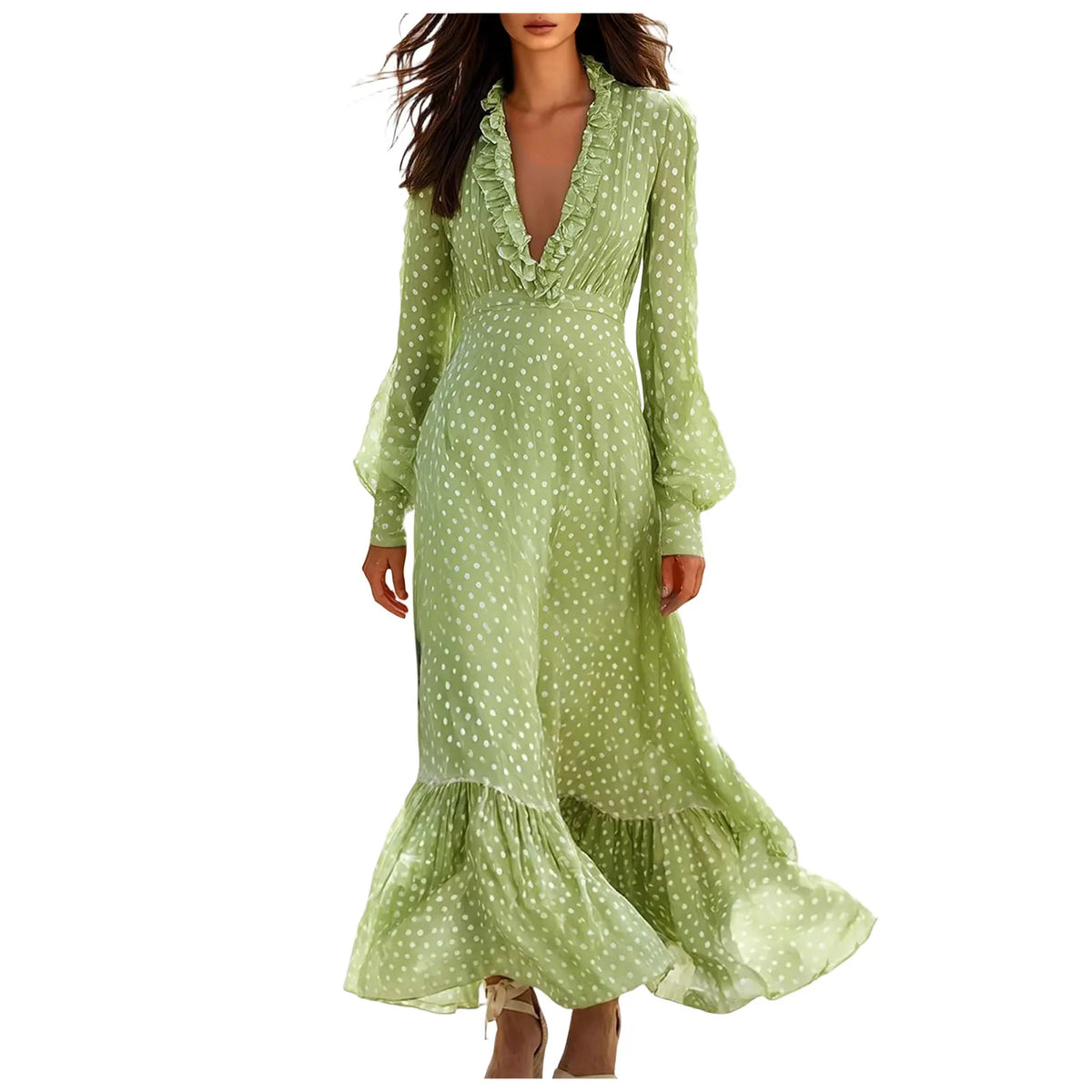 Polka-Dot Ruffle Maxi Dress with Puff Sleeves