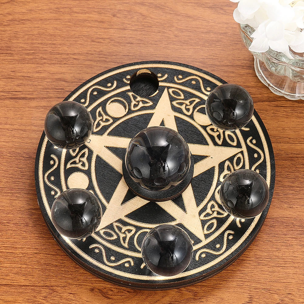Wooden Pentacle Crystal Ball & Candle Display Stand – 7-Star Witchcraft Divination Altar Base