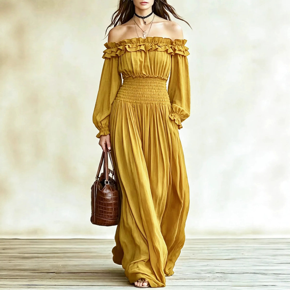 Off-Shoulder Ruffle Maxi Dress with Lantern Sleeves