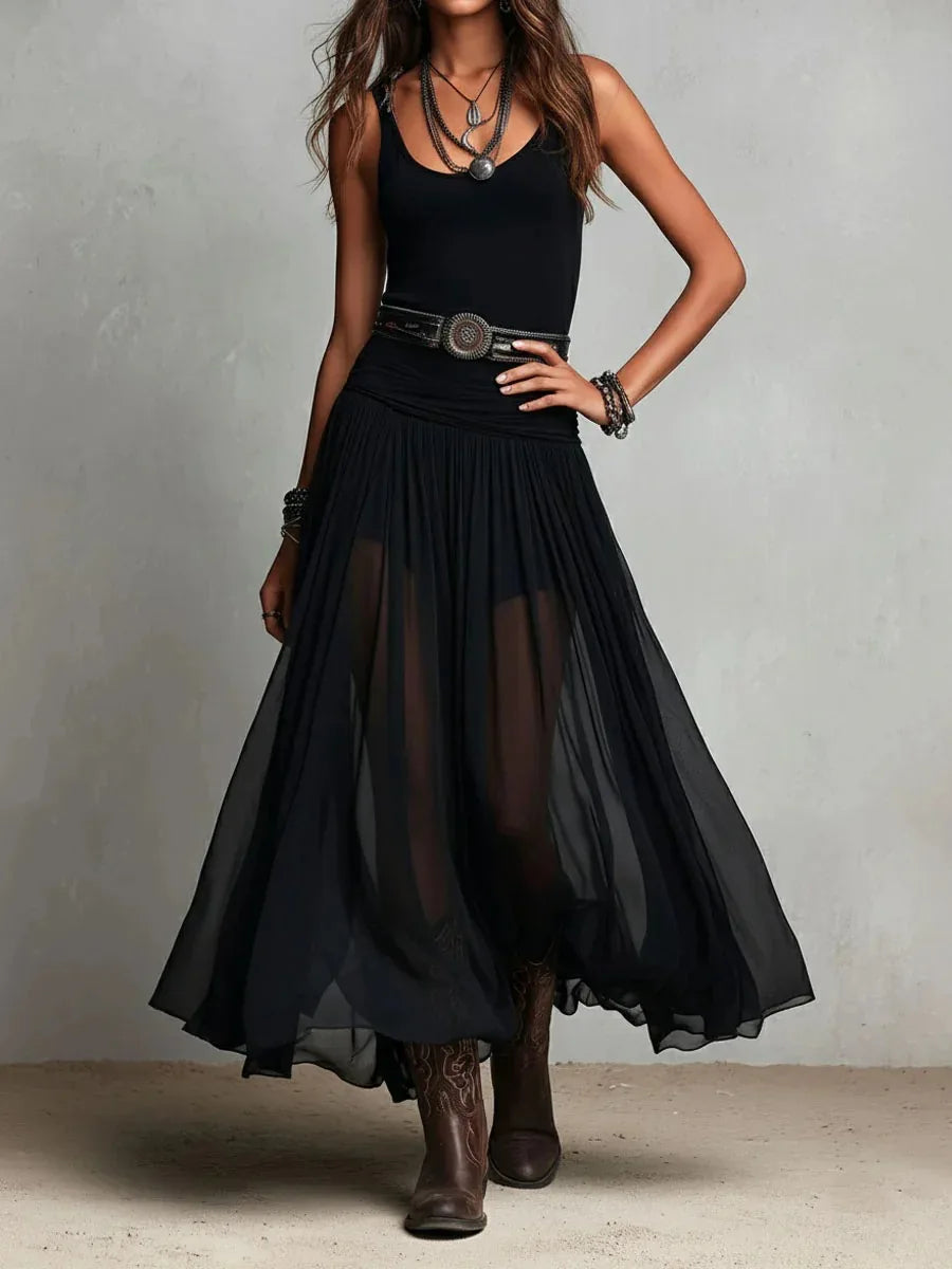 Black Sleeveless Maxi Dress with Sheer Mesh Skirt