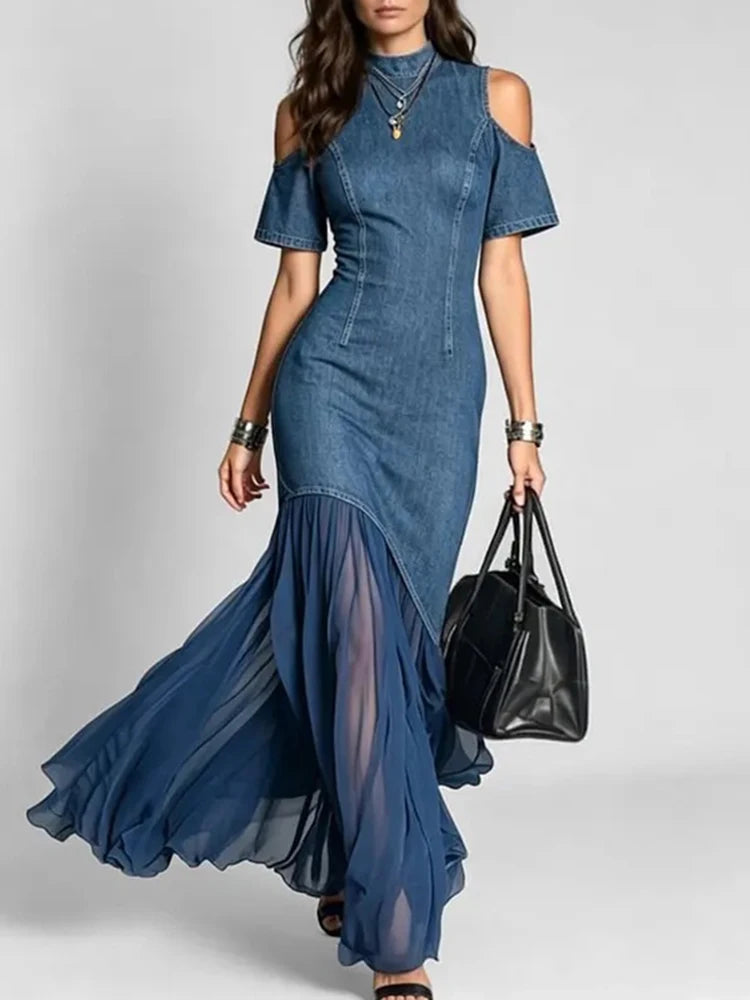 Denim-Look Cold-Shoulder Maxi Dress with Sheer Hem