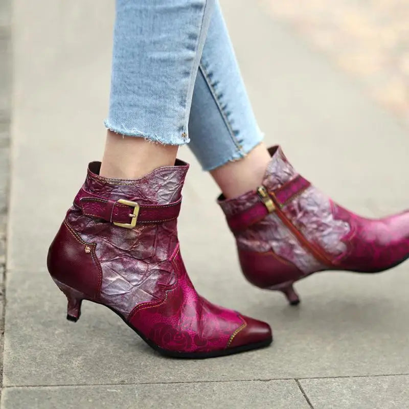 Johnature Genuine Leather Boots, Cloth Pointed Toe Zip 2025 New Handmade