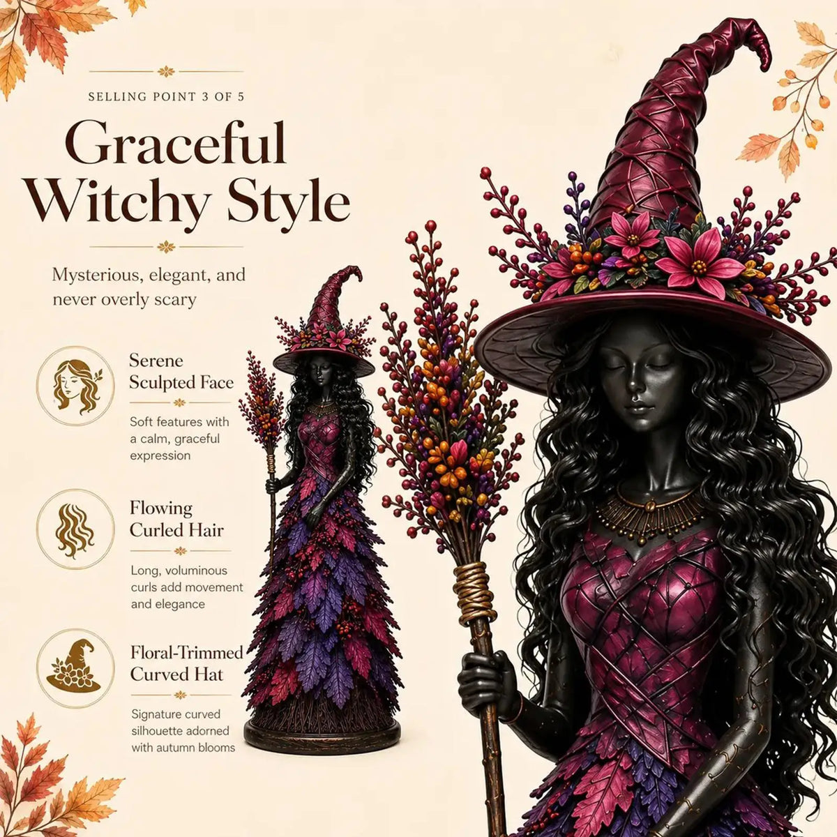 Witch Statue Halloween Gothic Harvest Desktop Decoration Autumn Witch Figurine Craft for Homeowners Renters Home Apartment