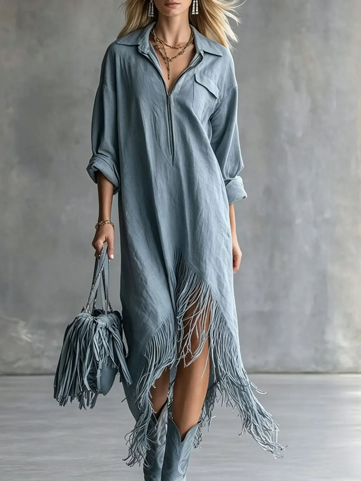Fringe-Hem Half-Zip Shirt Dress