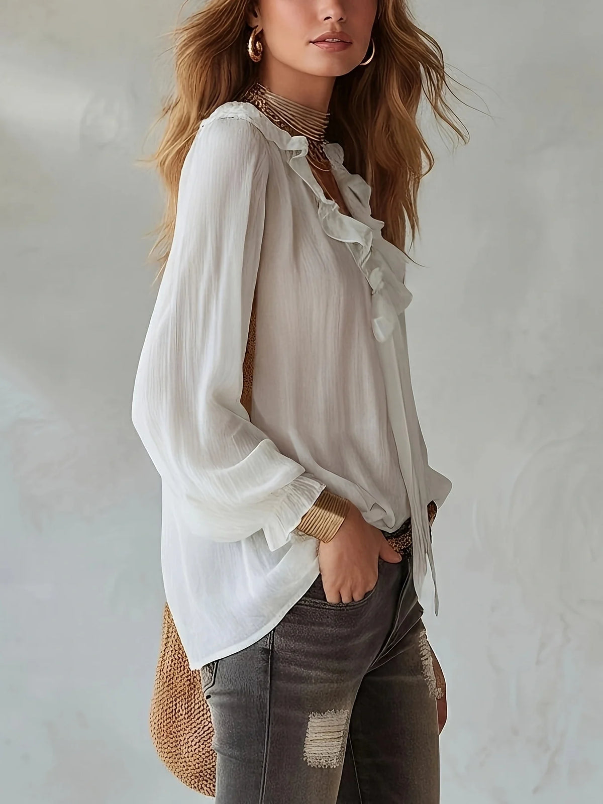 White Ruffle Tie-Front Blouse with Puff Sleeves