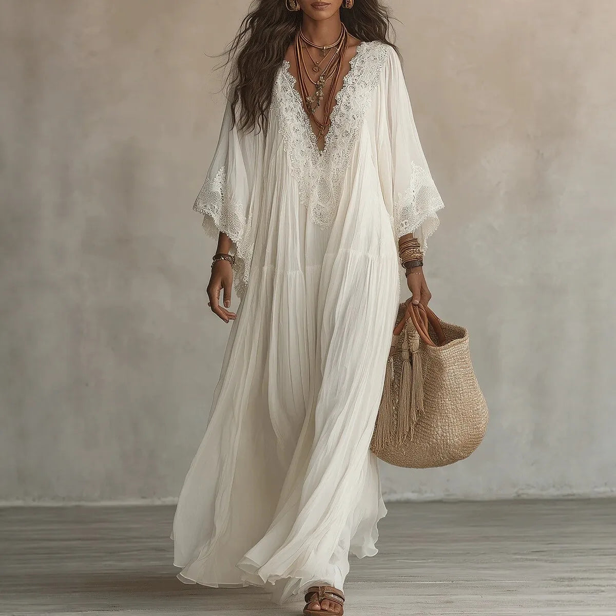 White Lace V-neck Long Dress, Bat Sleeve Vacation Beach Dress, Fairy Pleated and Elegant Seaside Lazy Dress Vestidos Y2K