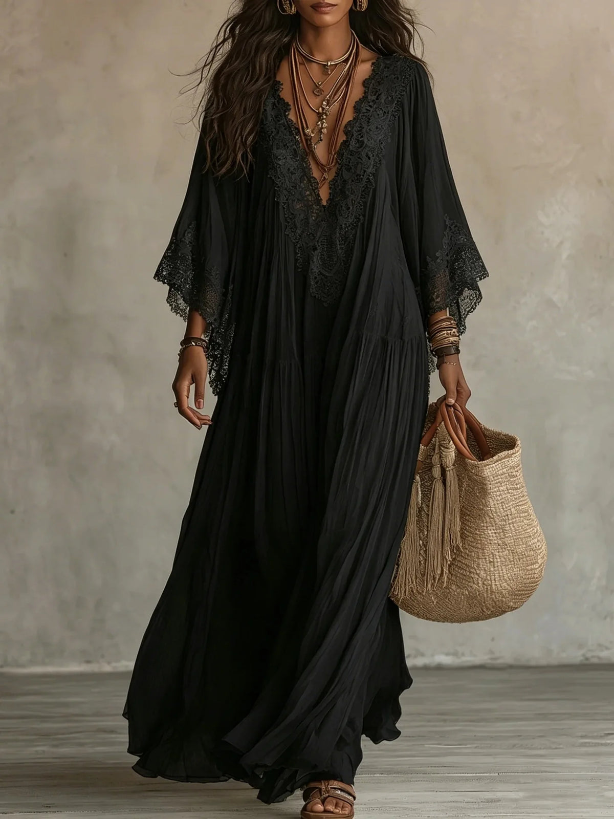 White Lace V-neck Long Dress, Bat Sleeve Vacation Beach Dress, Fairy Pleated and Elegant Seaside Lazy Dress Vestidos Y2K