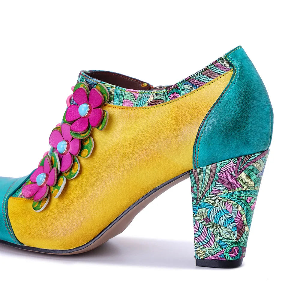 Johnature 2025 Autumn/Winter New Retro Printed High Heels Genuine Leather Pumps