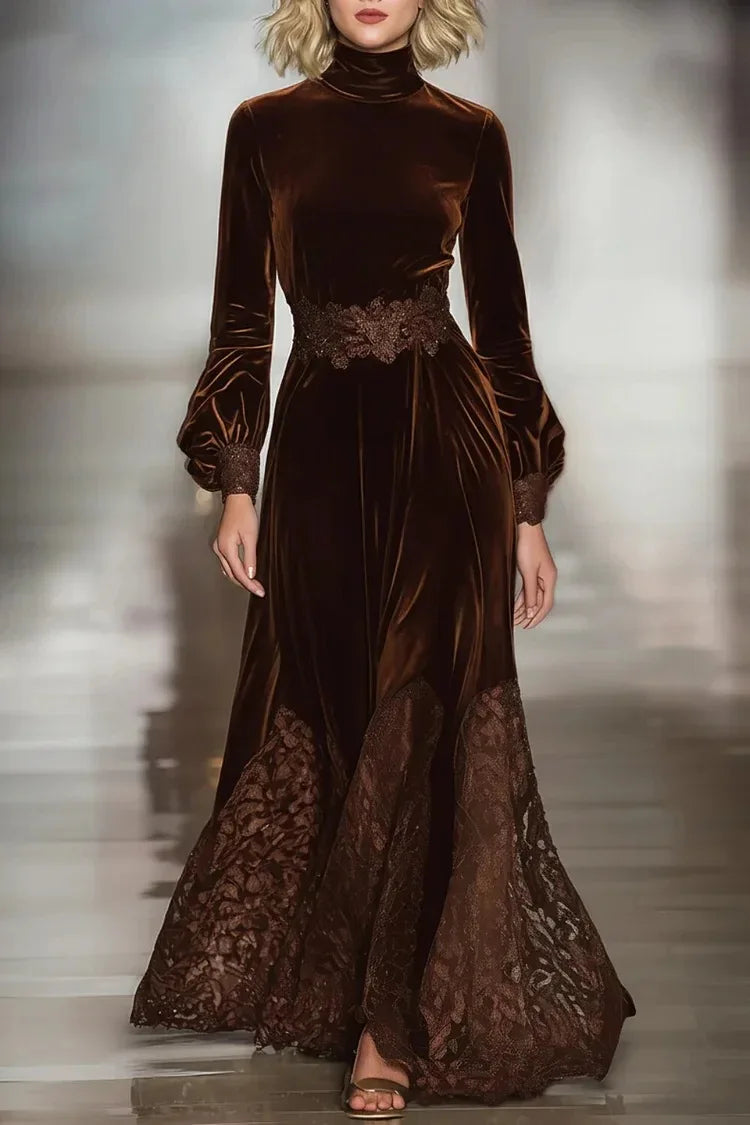High-Neck Lace Maxi Dress with Long Sleeves