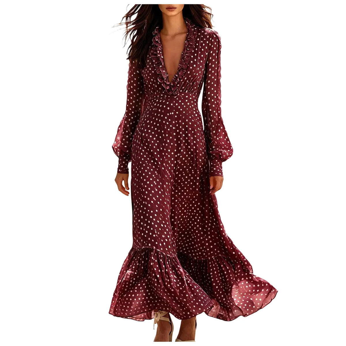 Polka-Dot Ruffle Maxi Dress with Puff Sleeves