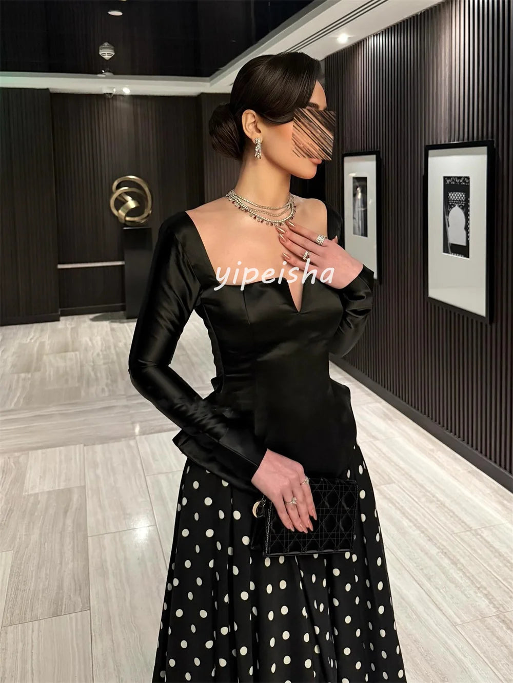 Square-Neck Pleated Satin Evening Dress
