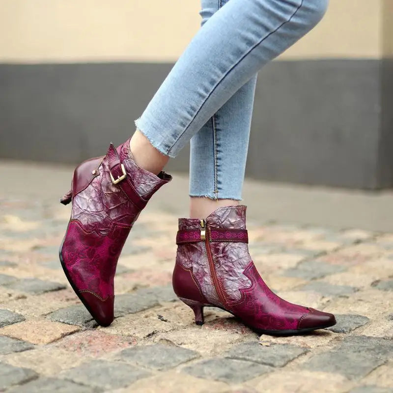 Johnature Genuine Leather Boots, Cloth Pointed Toe Zip 2025 New Handmade