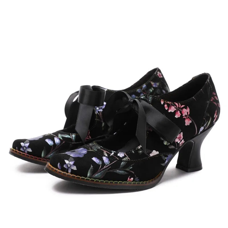 Johnature Women Shoes Pumps Retro 2025 New Spring Round Toe Handmade Ladies Lace Up Sweet Print High Heels Shoes
