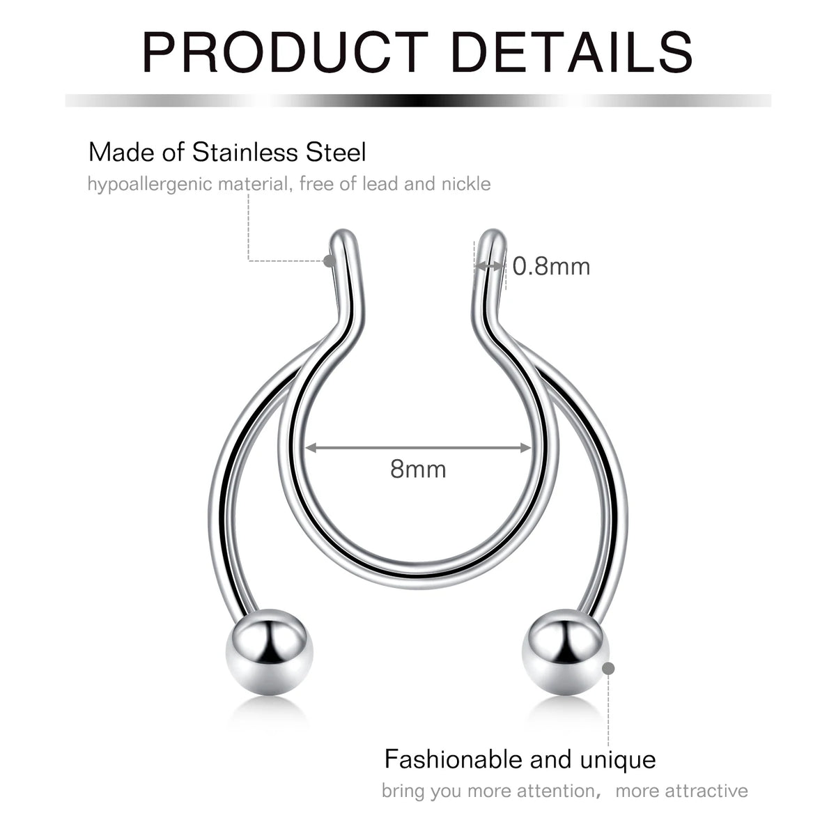 5Pcs Stainless Steel Fake Septum Rings, Faux Nose Ring Hoop