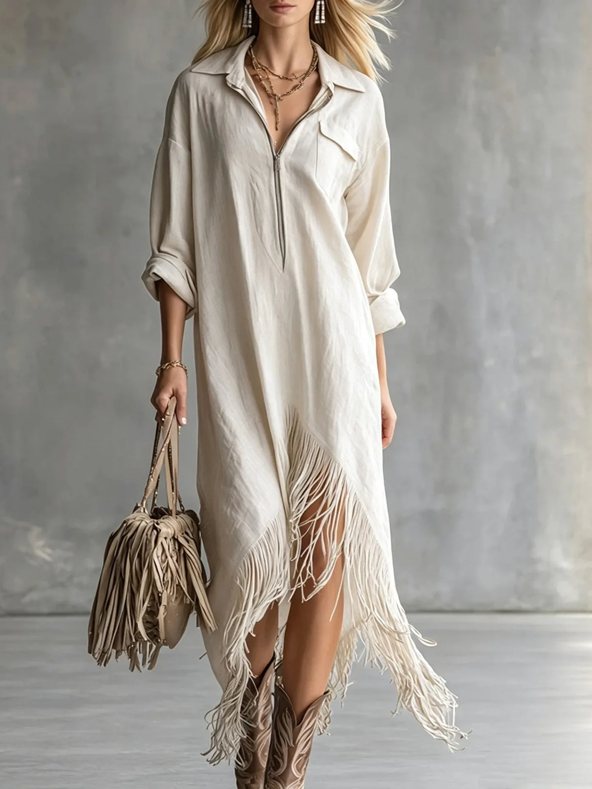 Fringe-Hem Half-Zip Shirt Dress