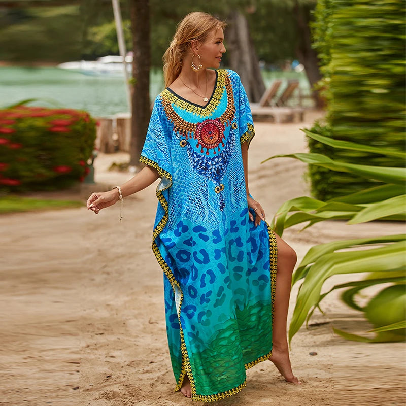 Hippy Boho Kaftan Collection Rayon Maxi Dress & Beach Cover-Up