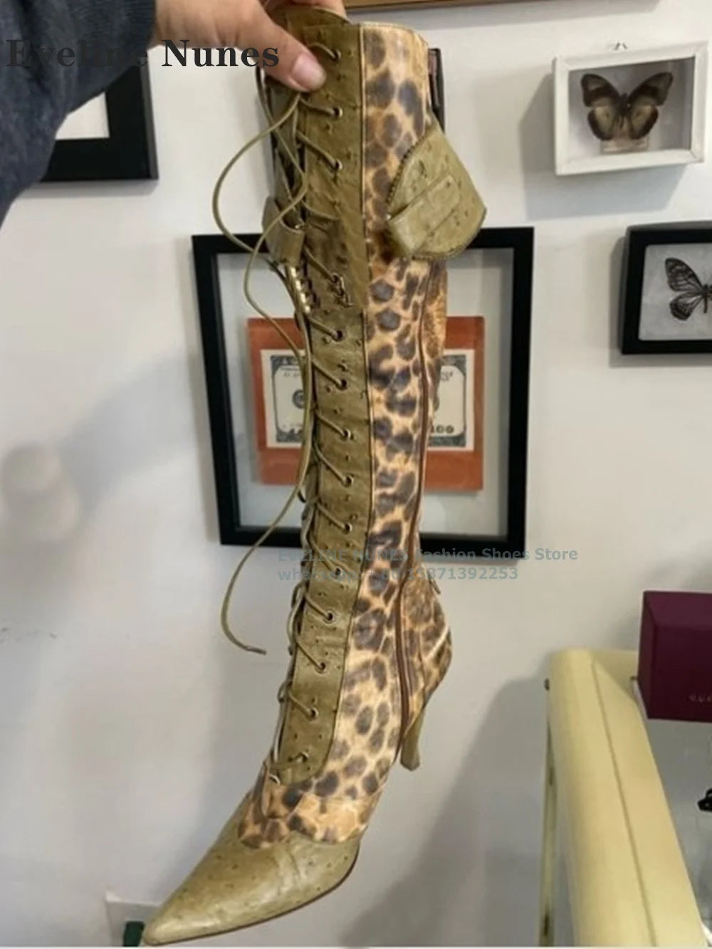 Leopard Patchwork Lace-Up Knee-High Boots – Pointed Toe & 2-Inch Thin Heel