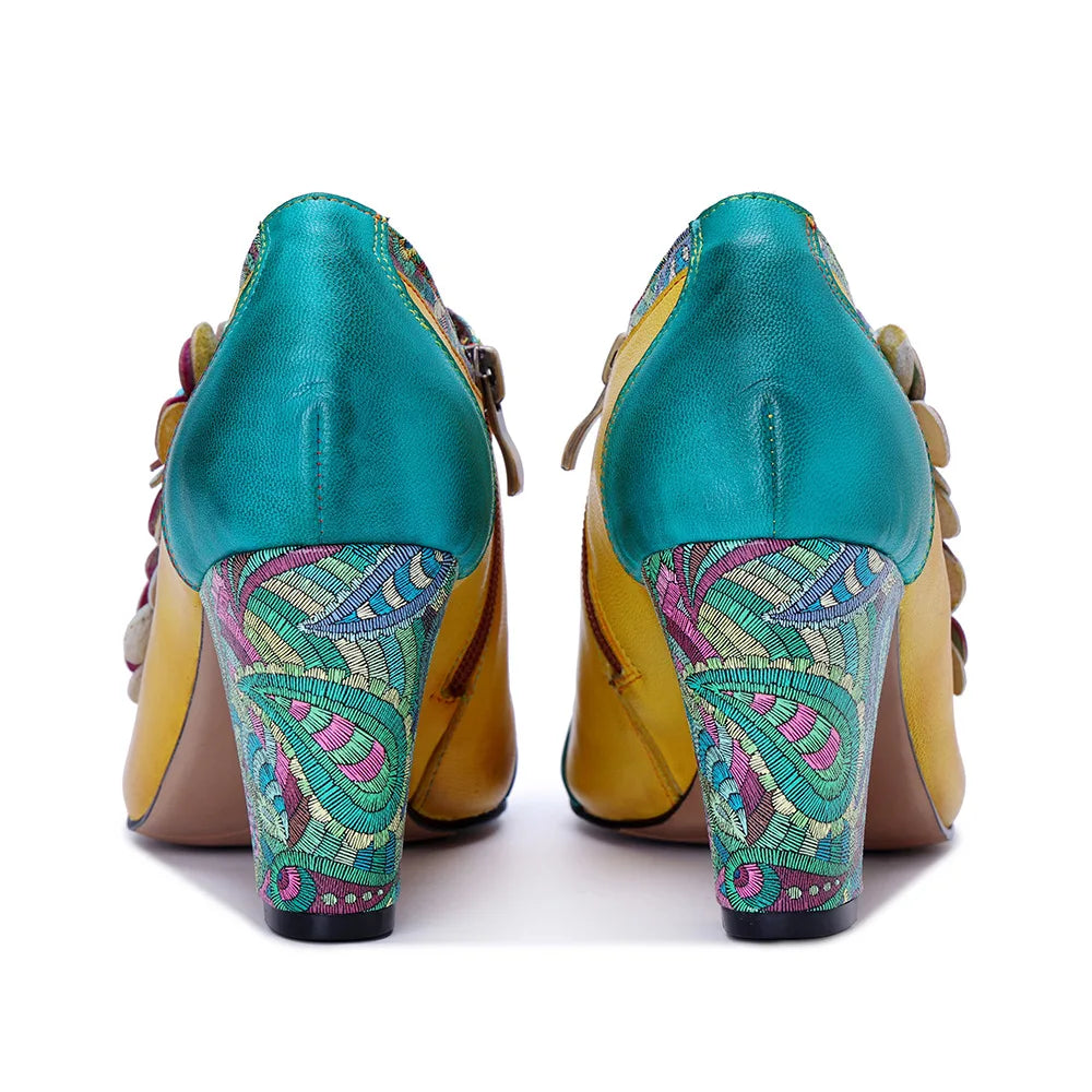 Johnature 2025 Autumn/Winter New Retro Printed High Heels Genuine Leather Pumps