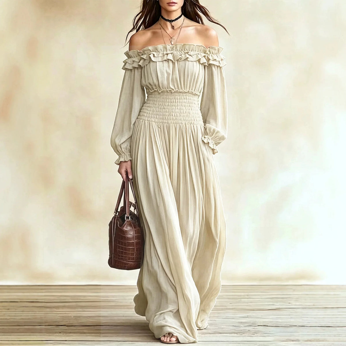 Off-Shoulder Ruffle Maxi Dress with Lantern Sleeves