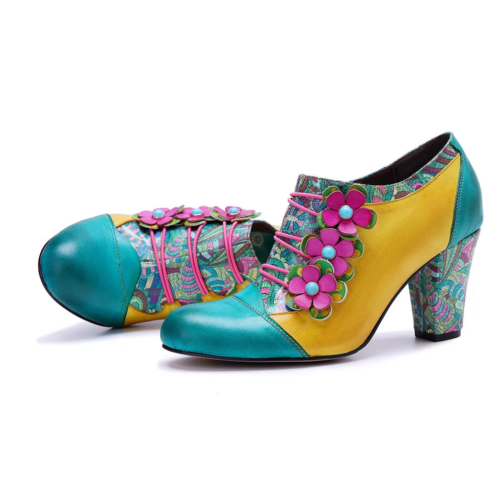 Johnature 2025 Autumn/Winter New Retro Printed High Heels Genuine Leather Pumps