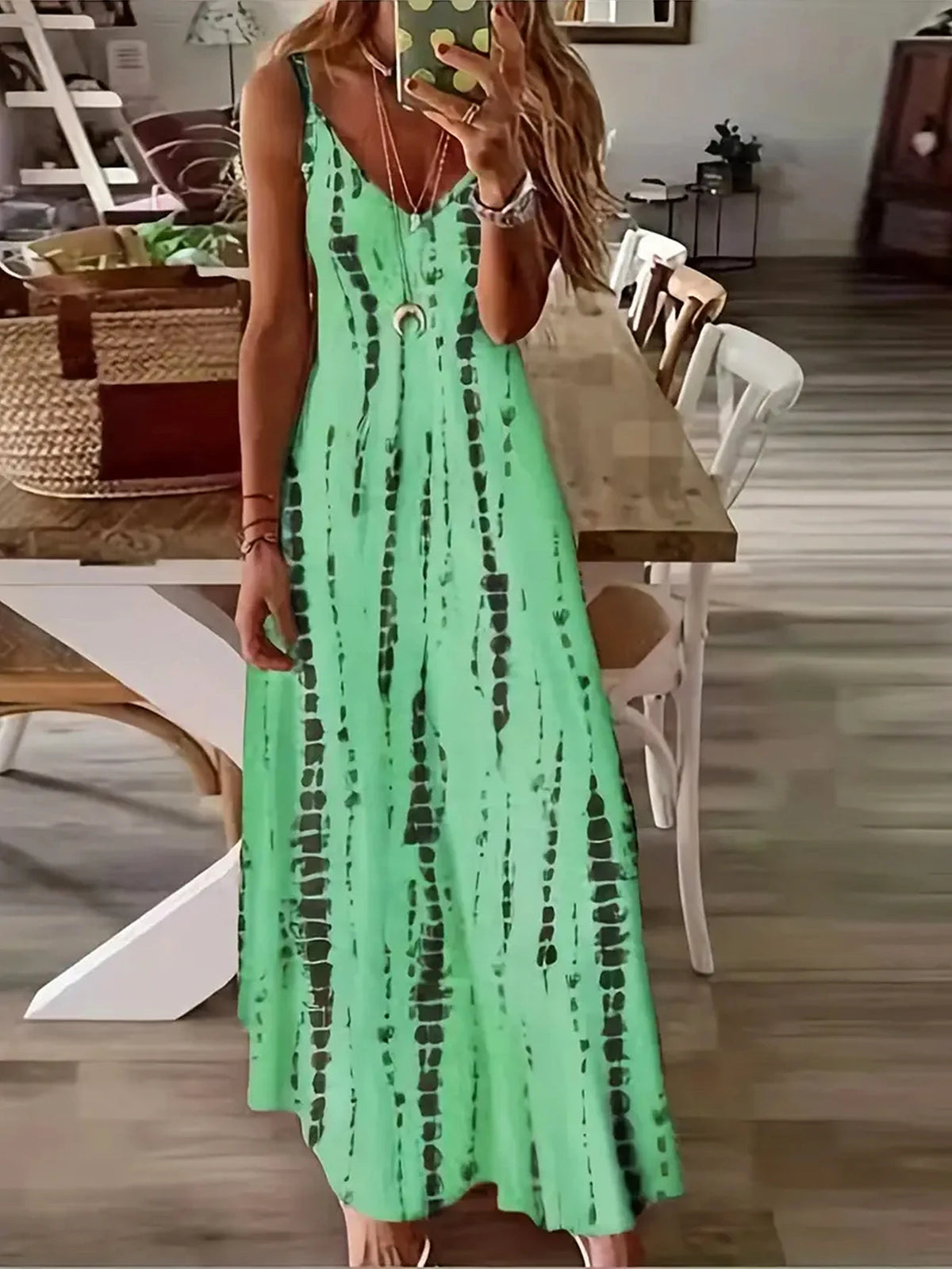 Boho Tie-Dye Maxi Dress – V-Neck Spaghetti Strap A-Line Summer Dress – 6 Colors