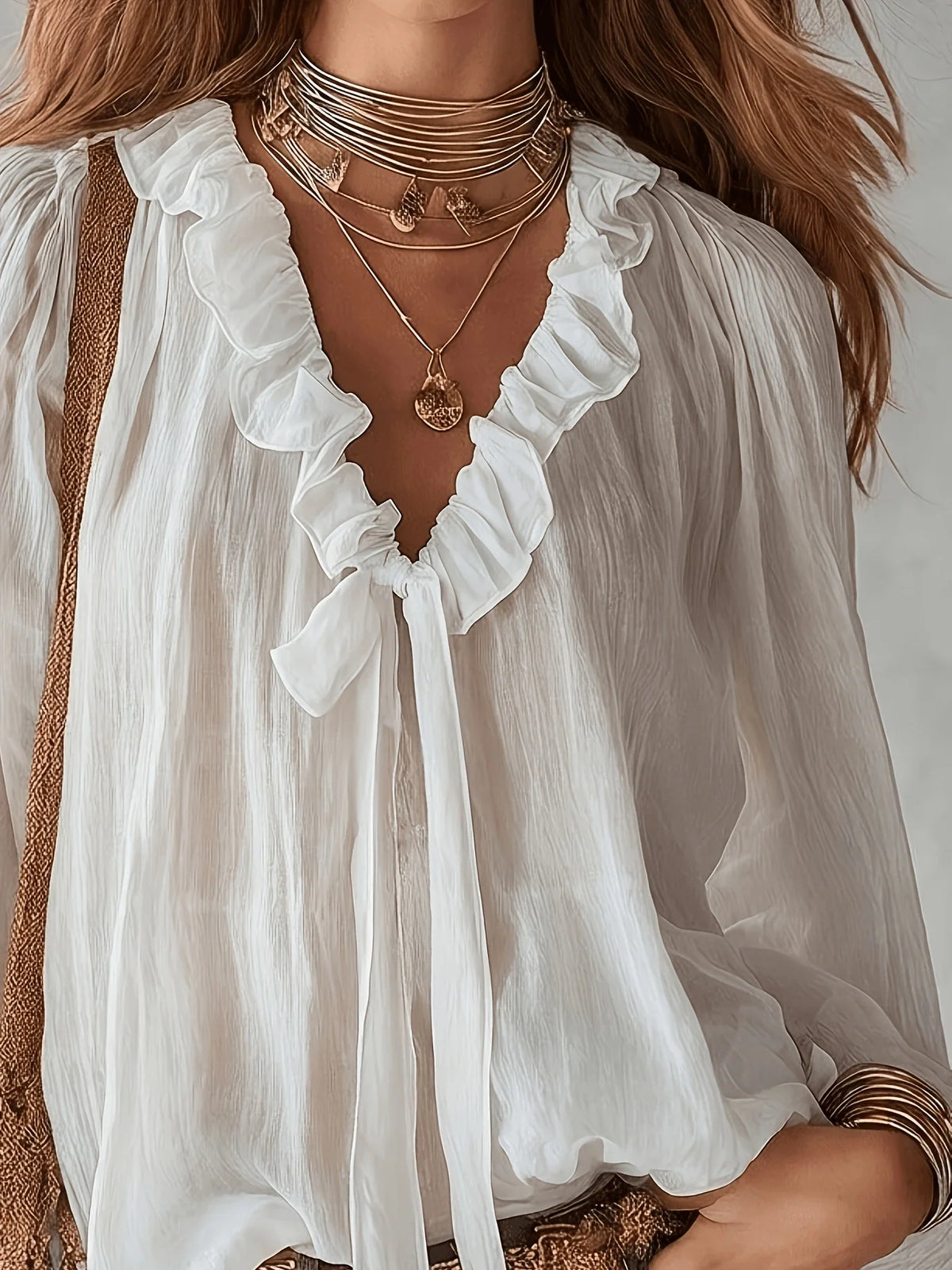 White Ruffle Tie-Front Blouse with Puff Sleeves