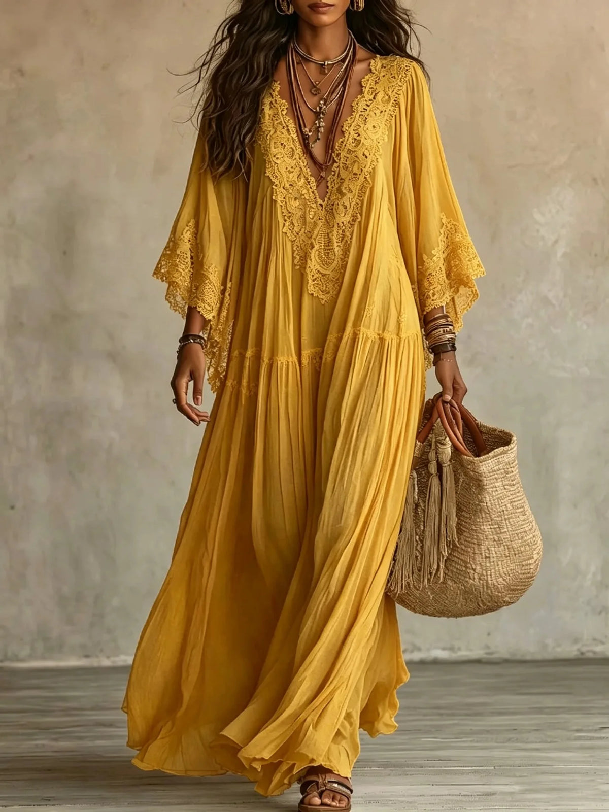 White Lace V-neck Long Dress, Bat Sleeve Vacation Beach Dress, Fairy Pleated and Elegant Seaside Lazy Dress Vestidos Y2K